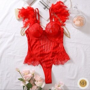 Red Pinstripe Feather Gold Chain Boudoir Lingerie Set